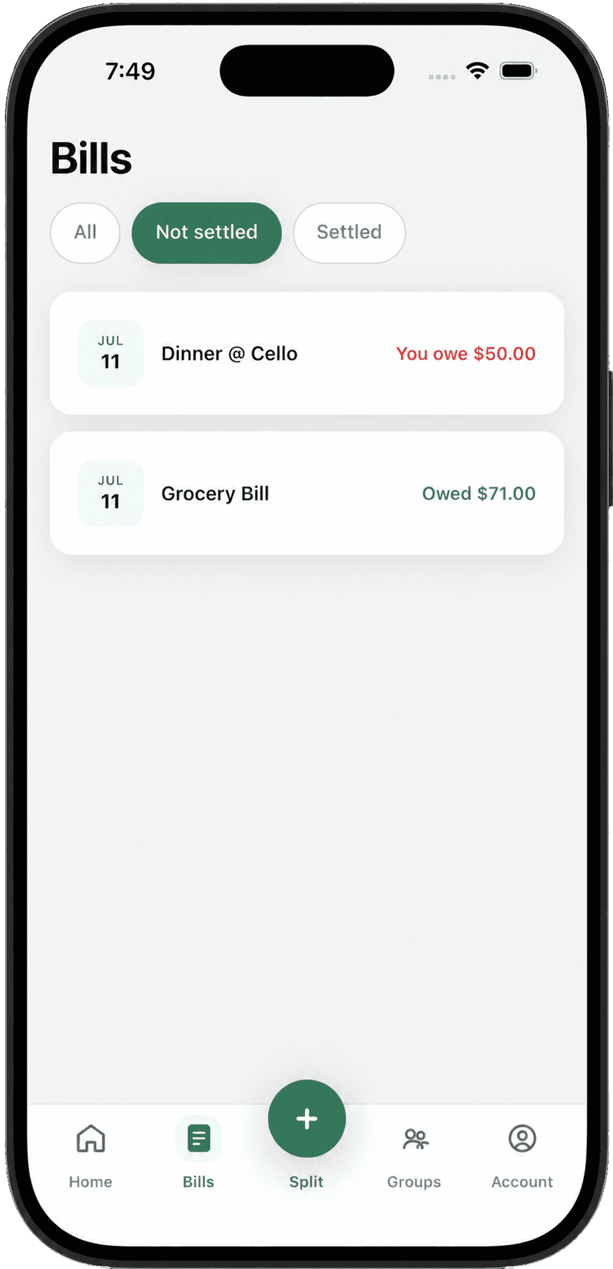 TableTally Bills screen showing unsettled and settled shared expenses