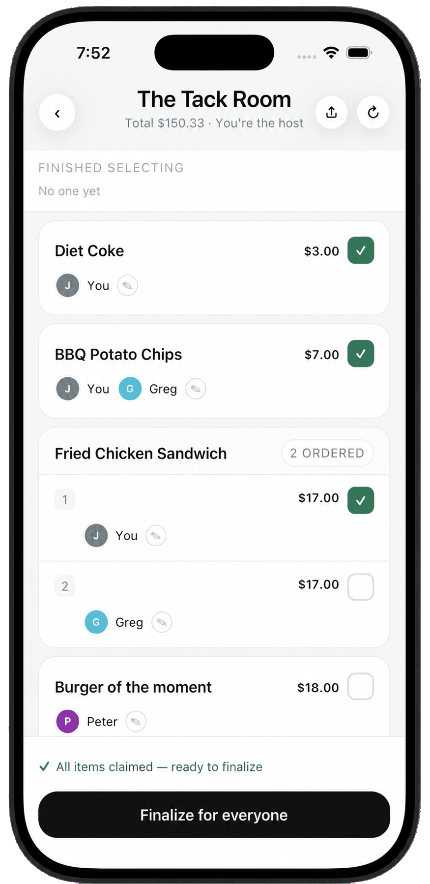 Friends claiming their items in TableTally
