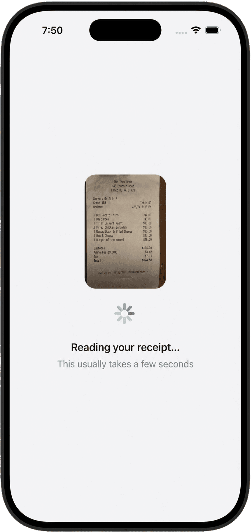 TableTally scanning a receipt
